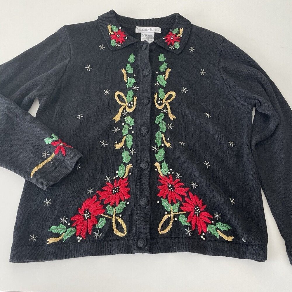Vtg Victoria Jones Christmas Cardigan Sweater Black Embroidered Beaded Size S - Picture 3 of 10